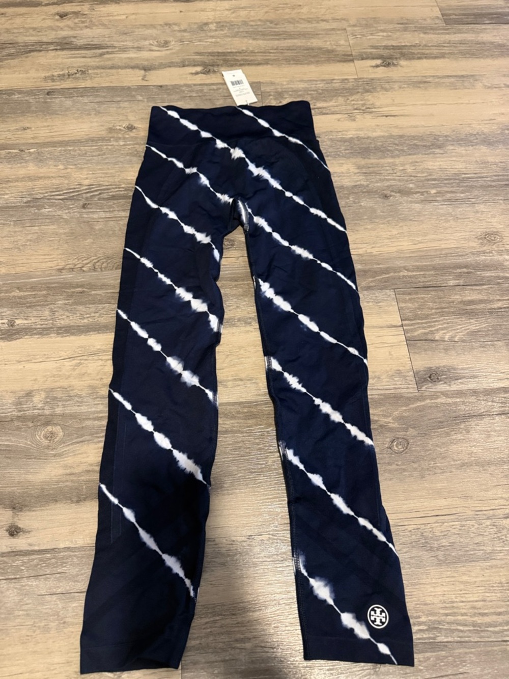 Tory Burch Navy and White Diagonal Tie-Dye Leggings